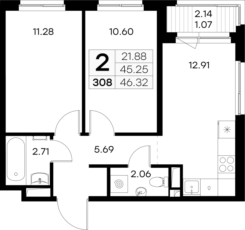 2-комнатная квартира, 46.32 м² в ЖК "GloraX Новоселье" - планировка, фото №1