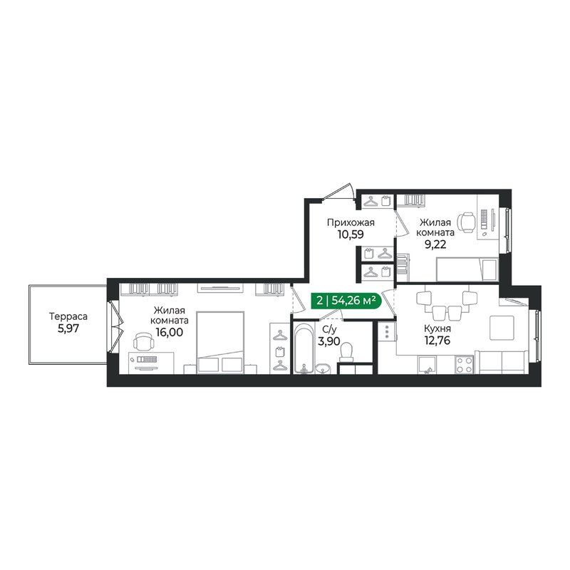 2-комнатная квартира, 54.26 м² в ЖК "Сертолово Парк" - планировка, фото №1