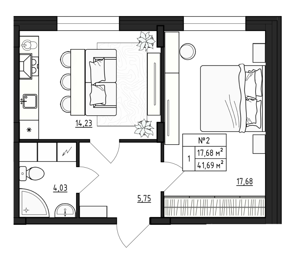 1-комнатная квартира, 41.69 м² в ЖК "Верево Сити" - планировка, фото №1