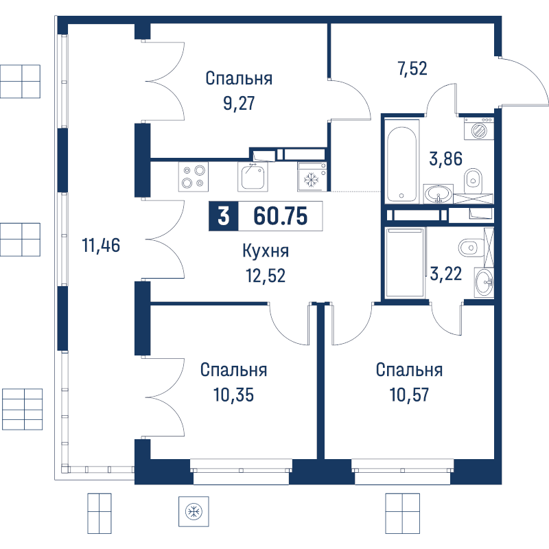 3-комнатная квартира, 60.75 м² в ЖК "Символист" - планировка, фото №1