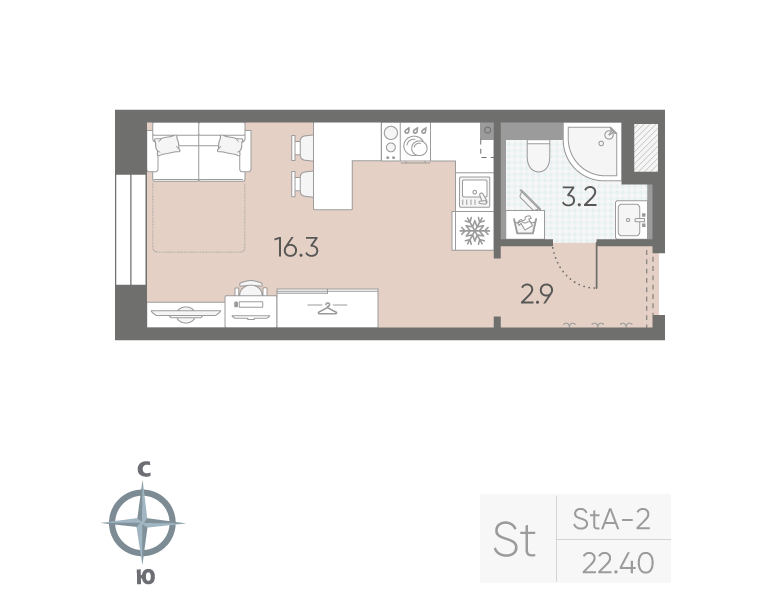 Квартира-студия, 22.4 м² в ЖК "Большая Охта" - планировка, фото №1