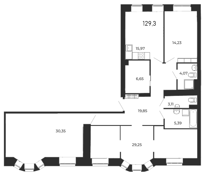 3-комнатная квартира, 130 м² - планировка, фото №1
