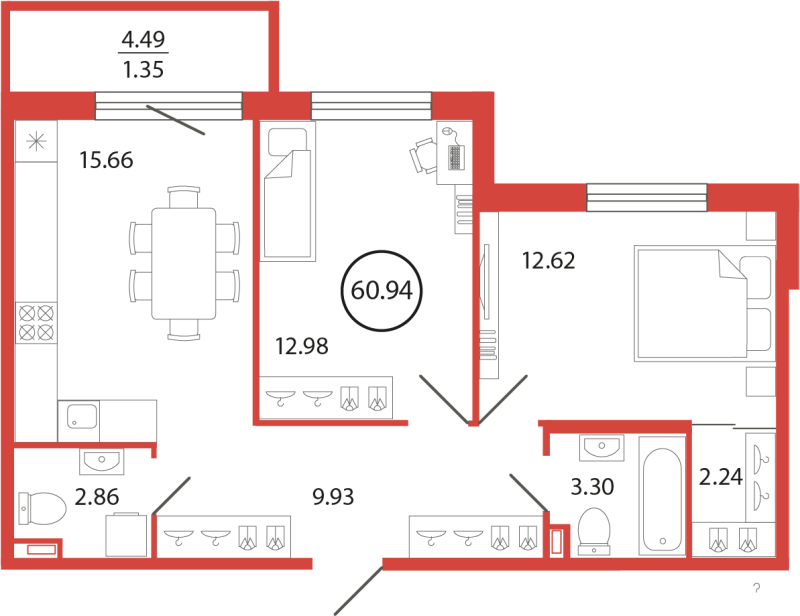 3-комнатная (Евро) квартира, 60.94 м² в ЖК "Энфилд" - планировка, фото №1