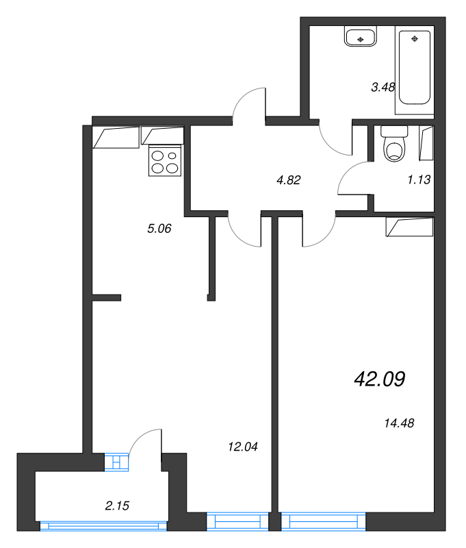 2-комнатная (Евро) квартира, 42.09 м² - планировка, фото №1