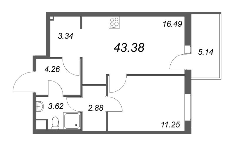 1-комнатная квартира, 43.3 м² - планировка, фото №1