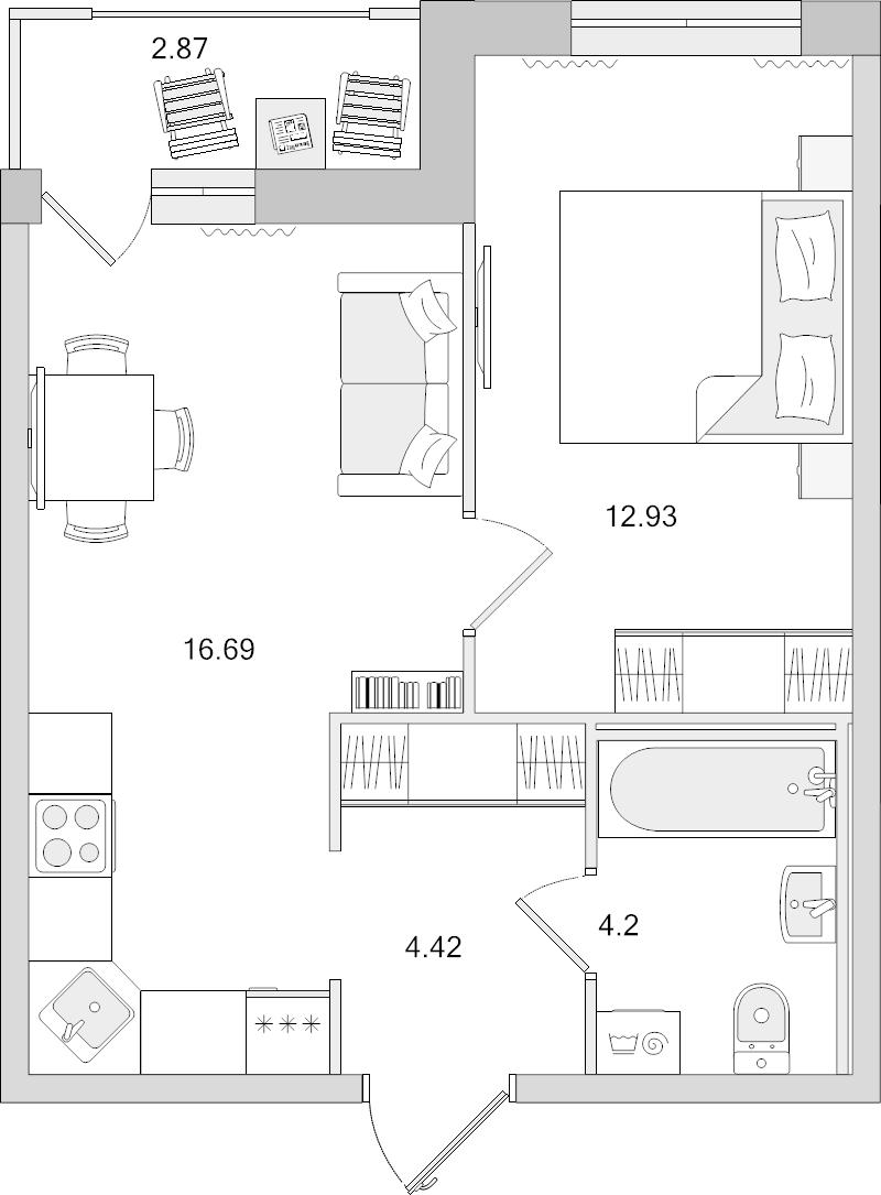 2-комнатная (Евро) квартира, 41.11 м² в ЖК "Город Первых" - планировка, фото №1