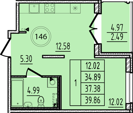 1-комнатная квартира, 34.89 м² - планировка, фото №1