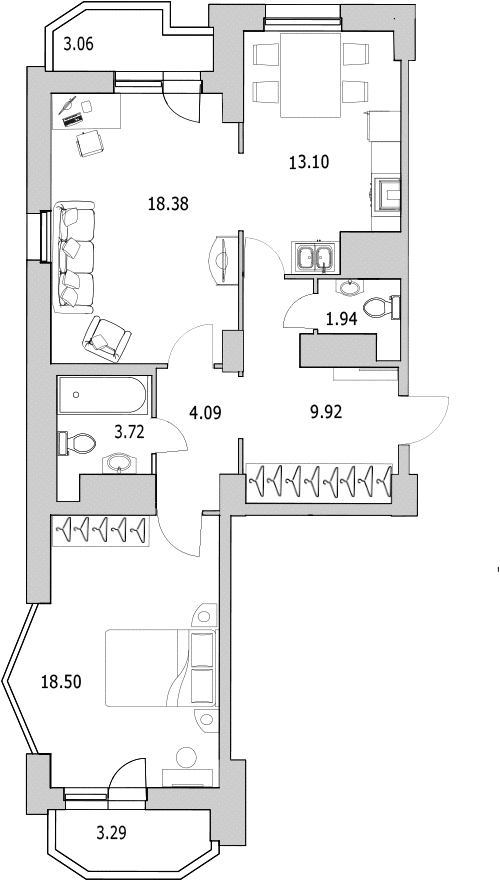 2-комнатная квартира, 77.2 м² - планировка, фото №1