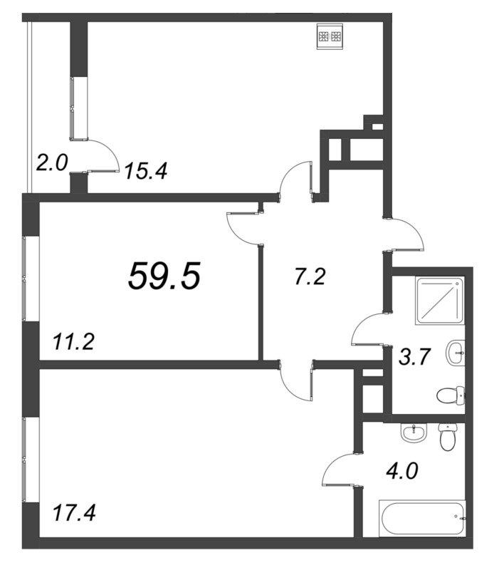 3-комнатная (Евро) квартира, 59.4 м² - планировка, фото №1