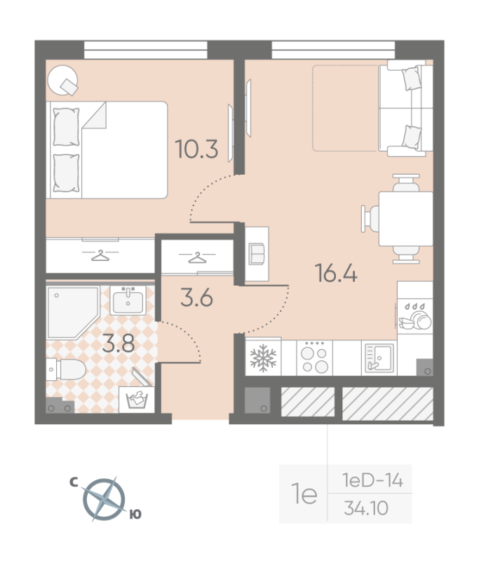 2-комнатная (Евро) квартира, 34.1 м² в ЖК "Пулково Lake" - планировка, фото №1