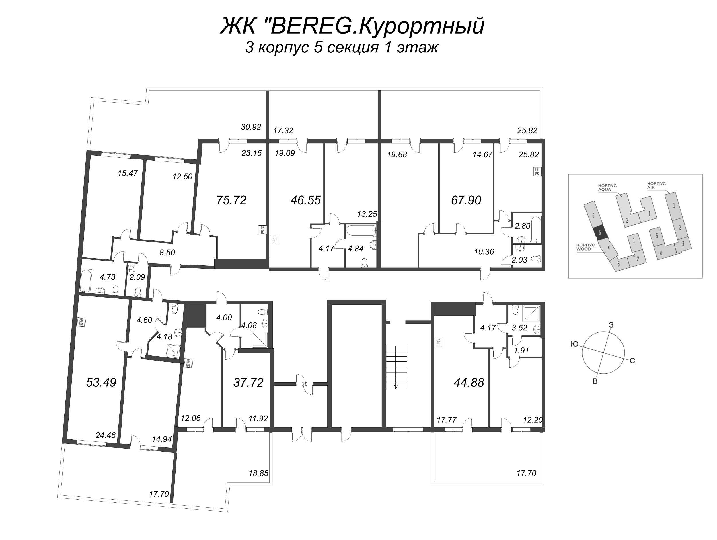 1-комнатная квартира, 37.72 м² в ЖК "Bereg. Курортный" - планировка этажа