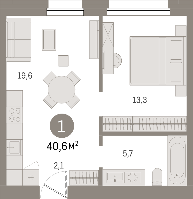 2-комнатная (Евро) квартира, 40.6 м² в ЖК "Северный ветер" - планировка, фото №1