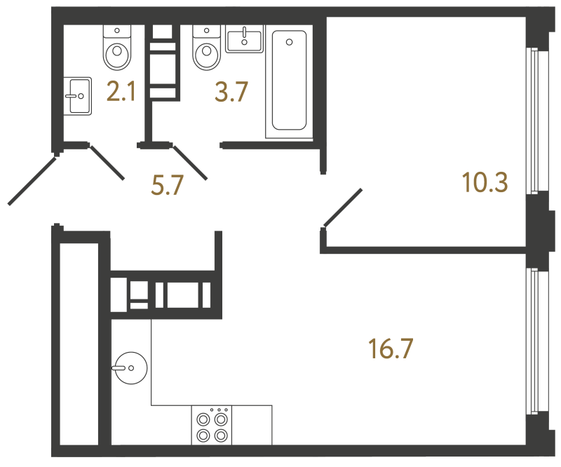 2-комнатная (Евро) квартира, 38.5 м² в ЖК "Гений" - планировка, фото №1
