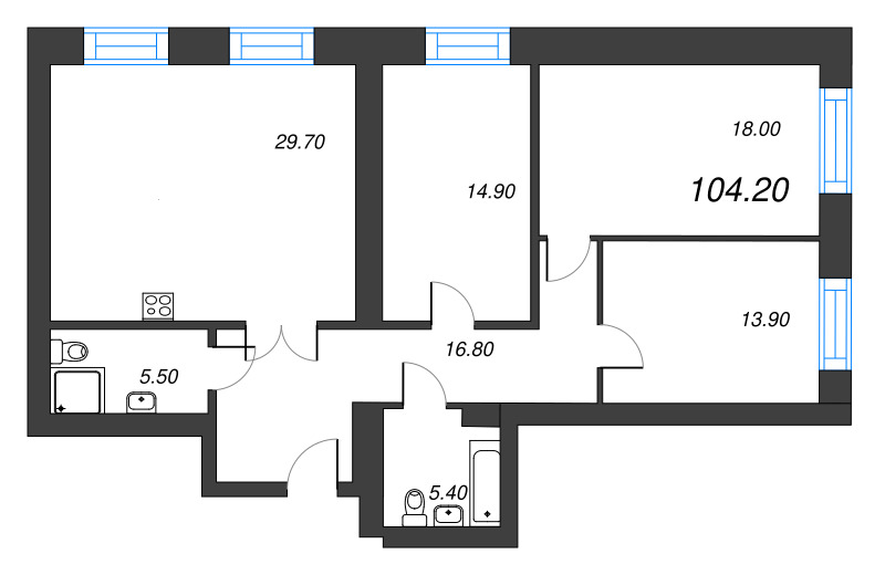 4-комнатная (Евро) квартира, 104.2 м² в ЖК "Листва" - планировка, фото №1