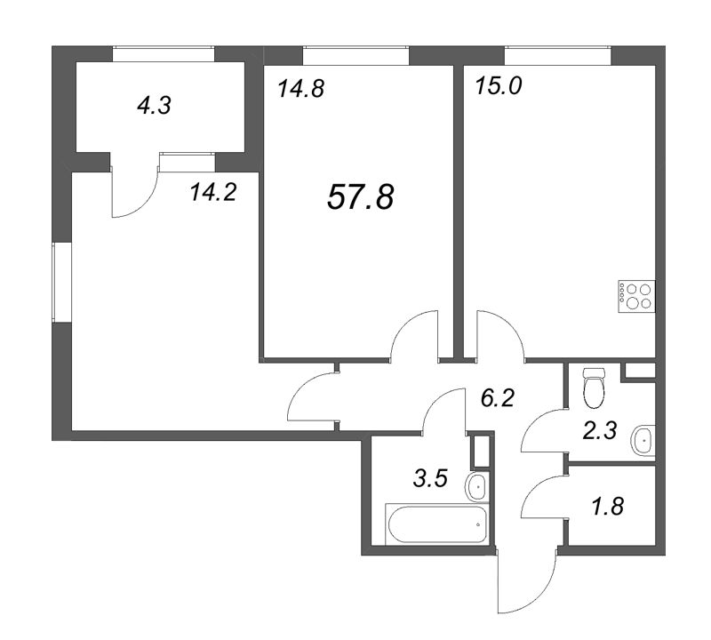 3-комнатная (Евро) квартира, 57.8 м² в ЖК "ЮгТаун" - планировка, фото №1