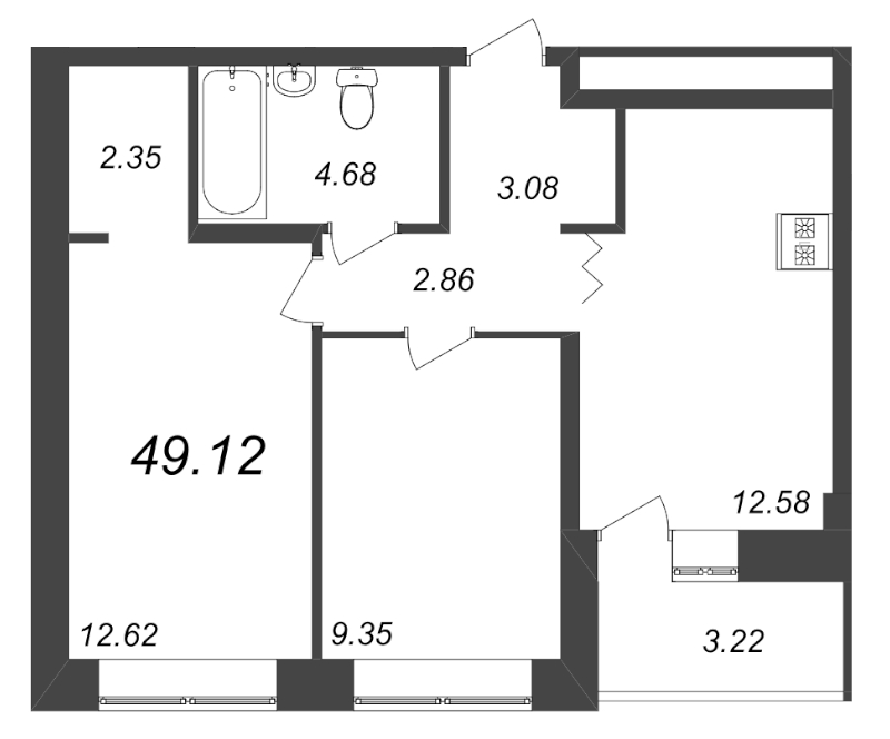 2-комнатная квартира, 49.12 м² - планировка, фото №1