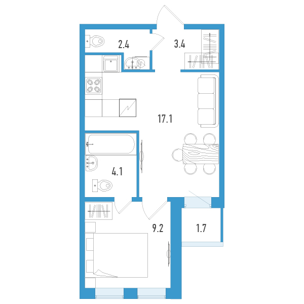 2-комнатная (Евро) квартира, 37.1 м² - планировка, фото №1