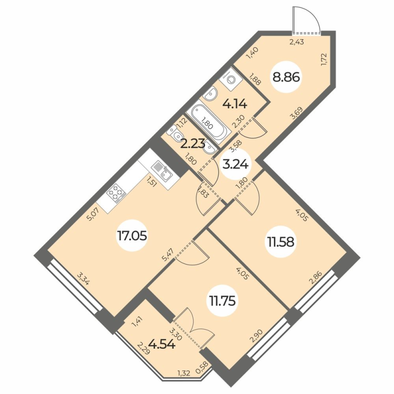 3-комнатная (Евро) квартира, 61.12 м² в ЖК "Огни Залива" - планировка, фото №1