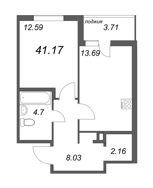 1-комнатная квартира, 41.17 м² - планировка, фото №1