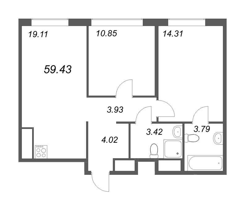 3-комнатная (Евро) квартира, 59.43 м² - планировка, фото №1