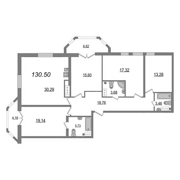 5-комнатная (Евро) квартира, 131.9 м² - планировка, фото №1