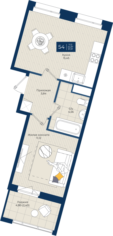 2-комнатная (Евро) квартира, 37.37 м² в ЖК "Новатория" - планировка, фото №1