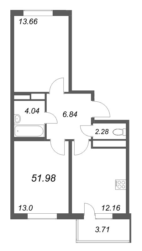 2-комнатная квартира, 51.98 м² в ЖК "ЮгТаун" - планировка, фото №1