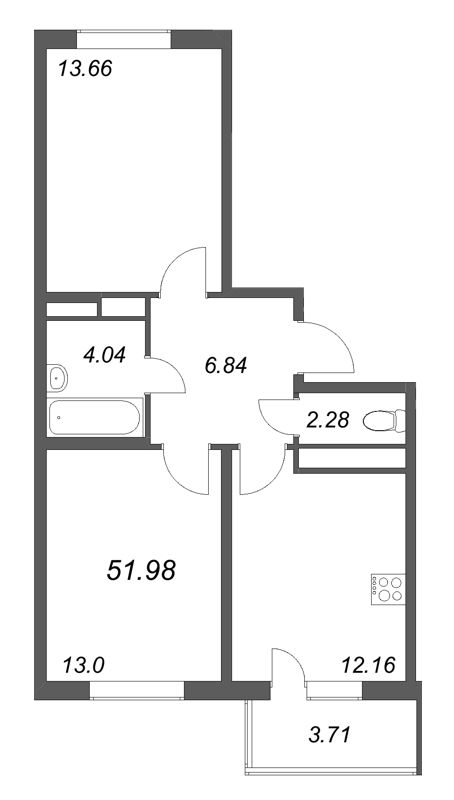 2-комнатная квартира, 51.98 м² в ЖК "ЮгТаун" - планировка, фото №1