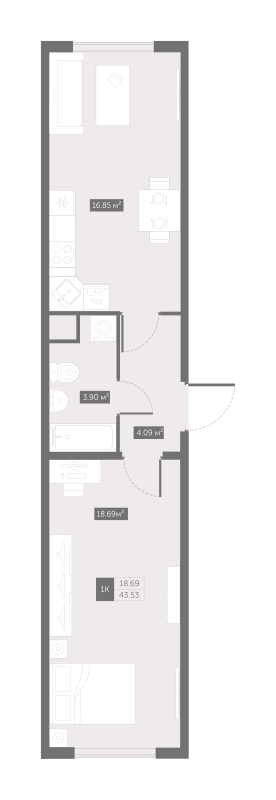 2-комнатная (Евро) квартира, 43.53 м² в ЖК "UP-квартал Новый Московский" - планировка, фото №1