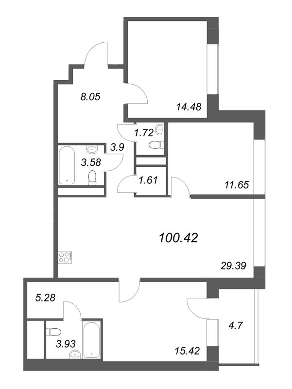 4-комнатная (Евро) квартира, 101.24 м² в ЖК "Avant" - планировка, фото №1