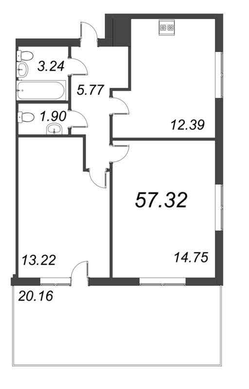 2-комнатная квартира, 57.32 м² - планировка, фото №1