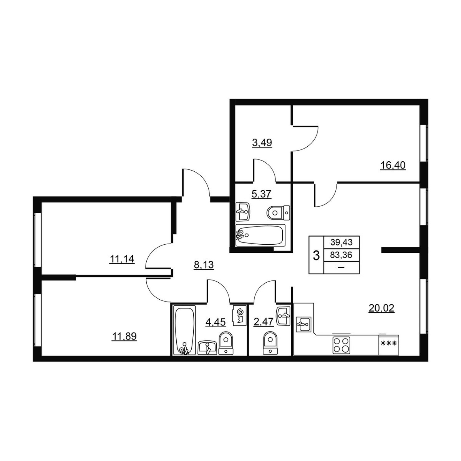 4-комнатная (Евро) квартира, 83.36 м² в ЖК "Высота. Новодевяткино" - планировка, фото №1