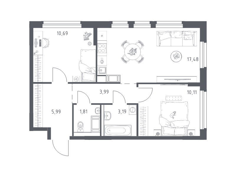 3-комнатная (Евро) квартира, 53.26 м² в ЖК "Новое Колпино" - планировка, фото №1