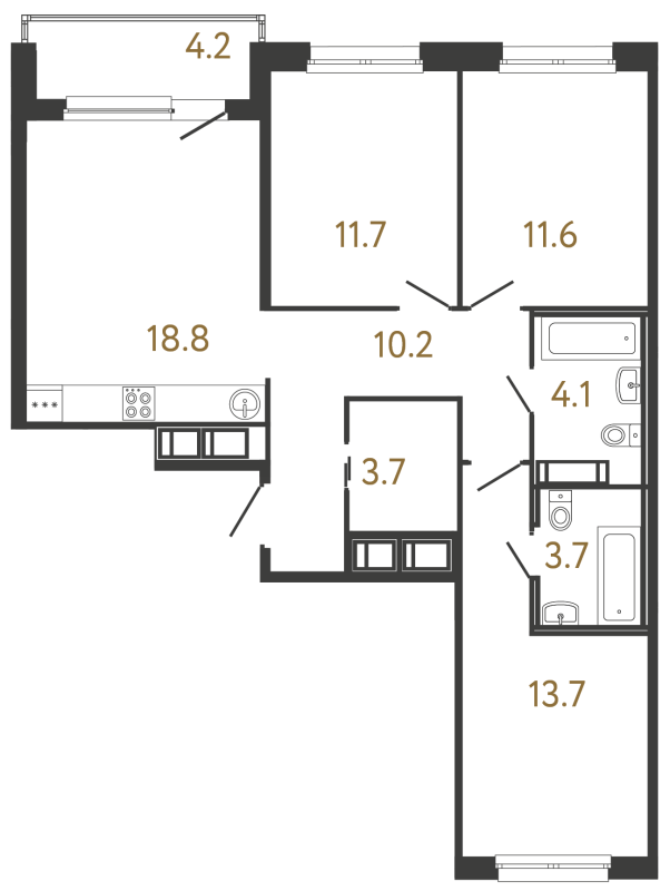 4-комнатная (Евро) квартира, 77.5 м² в ЖК "Передвижники" - планировка, фото №1