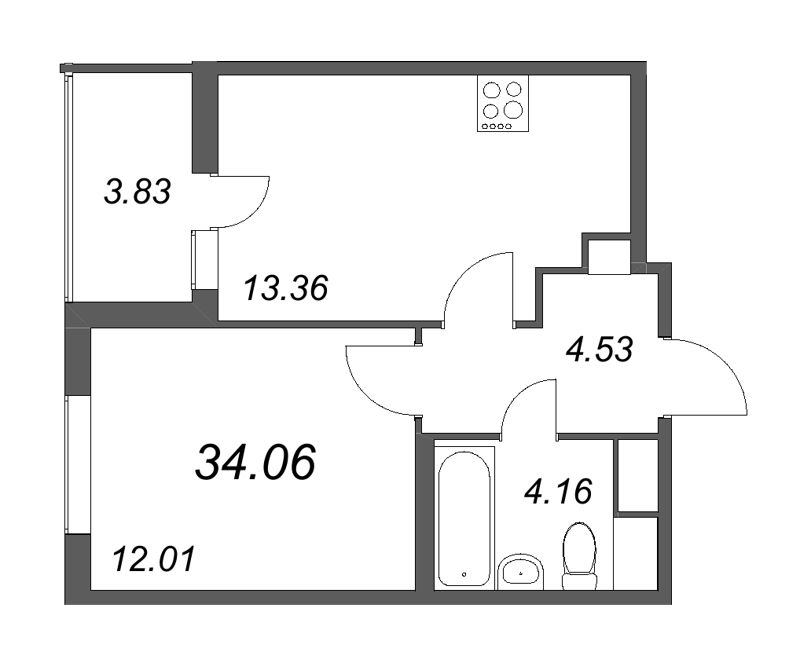 1-комнатная квартира, 34.06 м² - планировка, фото №1