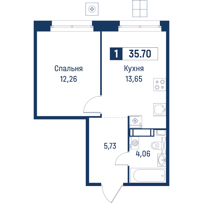 1-комнатная квартира, 35.7 м² в ЖК "Символист" - планировка, фото №1