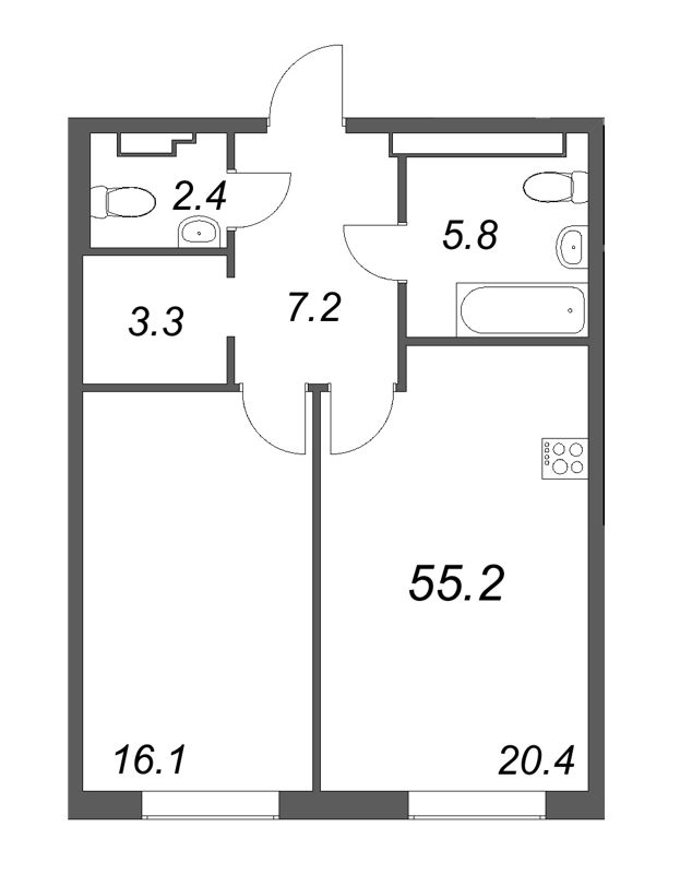 2-комнатная (Евро) квартира, 54.9 м² в ЖК "Визионер" - планировка, фото №1