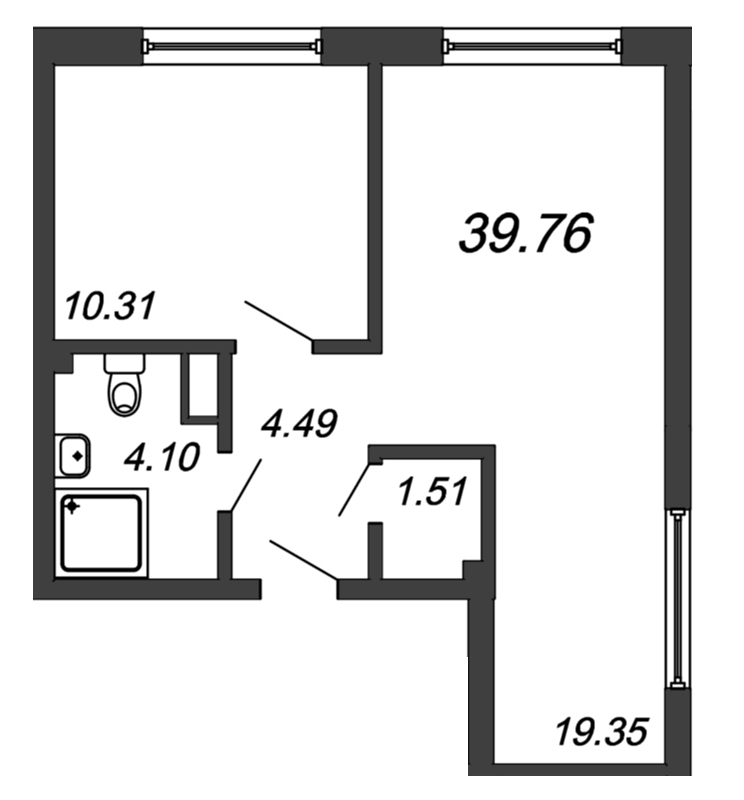 2-комнатная (Евро) квартира, 39.76 м² - планировка, фото №1