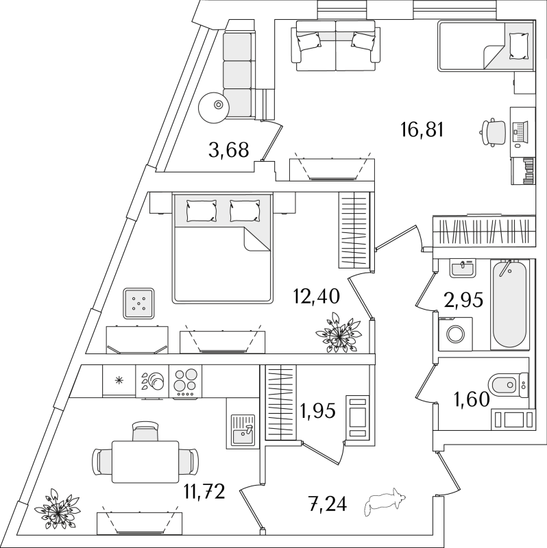 2-комнатная квартира, 56.51 м² - планировка, фото №1