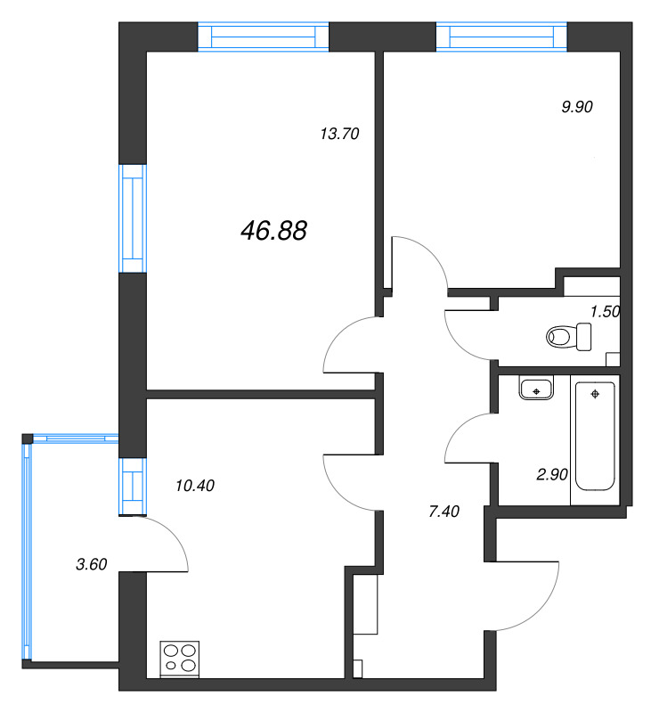 2-комнатная квартира, 46.88 м² - планировка, фото №1