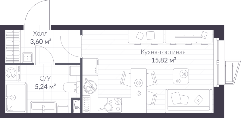 Квартира-студия, 24.66 м² в ЖК "VEREN NORT сертолово" - планировка, фото №1
