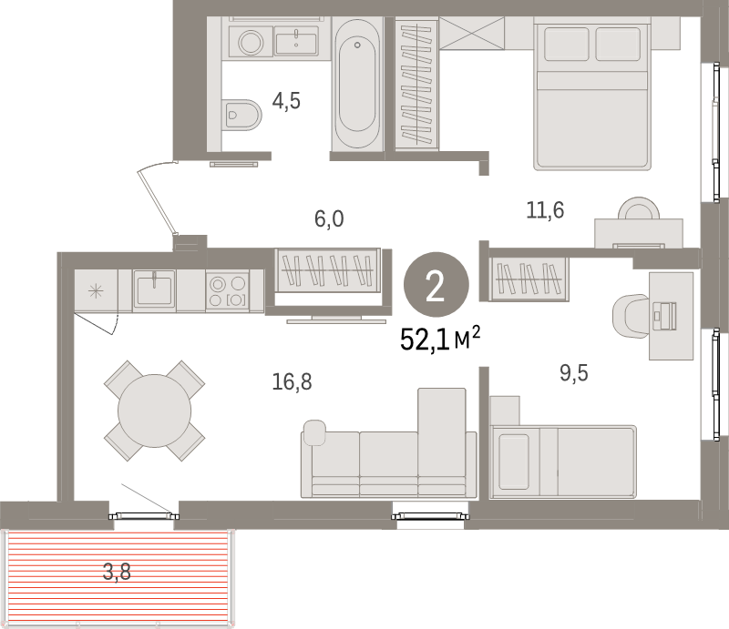 3-комнатная (Евро) квартира, 52.1 м² - планировка, фото №1
