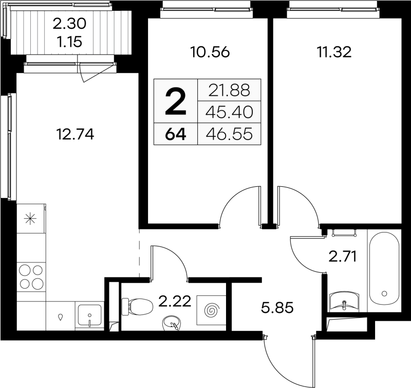 2-комнатная квартира, 46.55 м² в ЖК "GloraX Новоселье" - планировка, фото №1