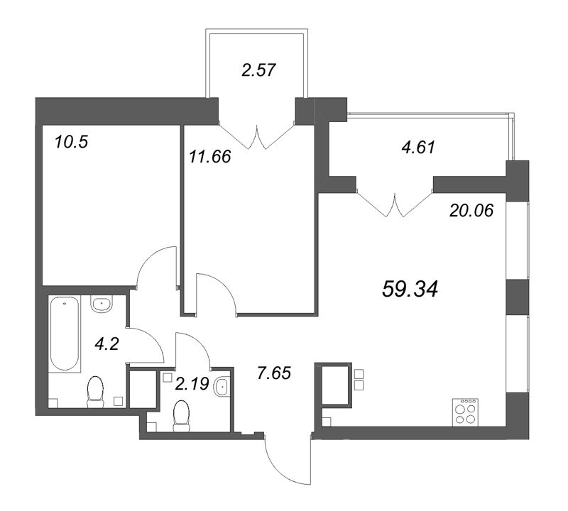 3-комнатная (Евро) квартира, 59.34 м² в ЖК "Ranta Residence" - планировка, фото №1