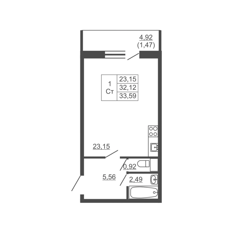 Квартира-студия, 33.59 м² в ЖК "Тандем" - планировка, фото №1