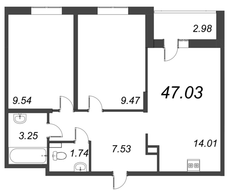 2-комнатная квартира, 57.3 м² - планировка, фото №1