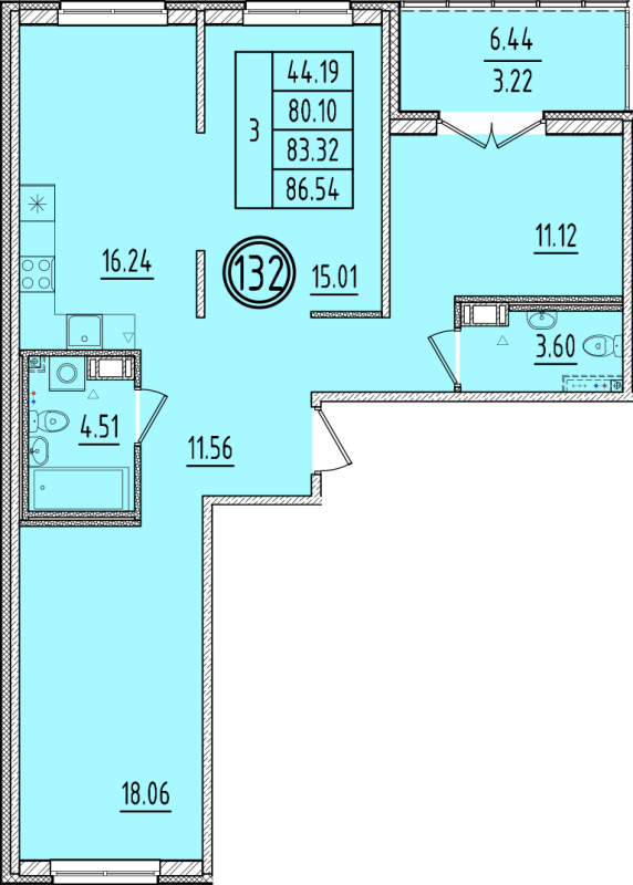 4-комнатная (Евро) квартира, 80.1 м² в ЖК "Образцовый квартал 6.4" - планировка, фото №1
