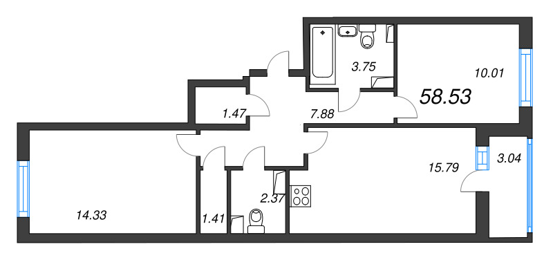 3-комнатная (Евро) квартира, 58.53 м² в ЖК "Кинопарк" - планировка, фото №1
