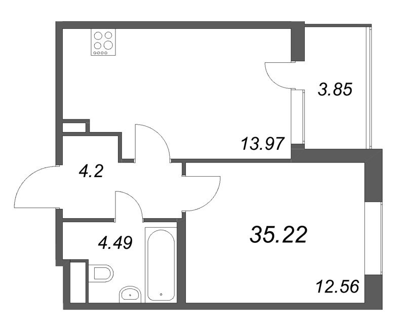 1-комнатная квартира, 35.22 м² в ЖК "ЮгТаун" - планировка, фото №1