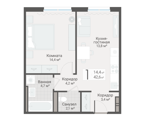 1-комнатная квартира, 42.6 м² в ЖК "Руднева 15" - планировка, фото №1